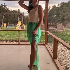 White and green maxi dress with side slit